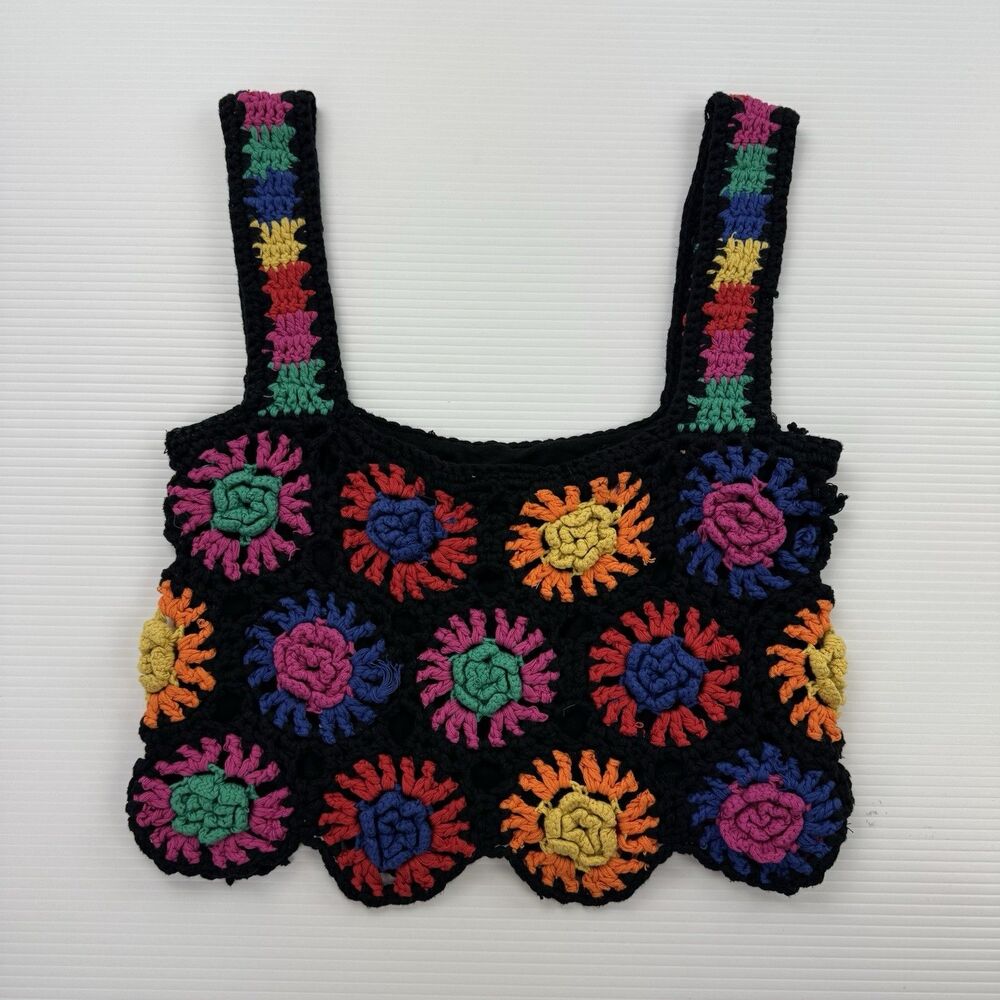 FARM Rio Womens M Crochet Flowers Crop Top Black Multicolor Granny Square Lined - Picture 4 of 13